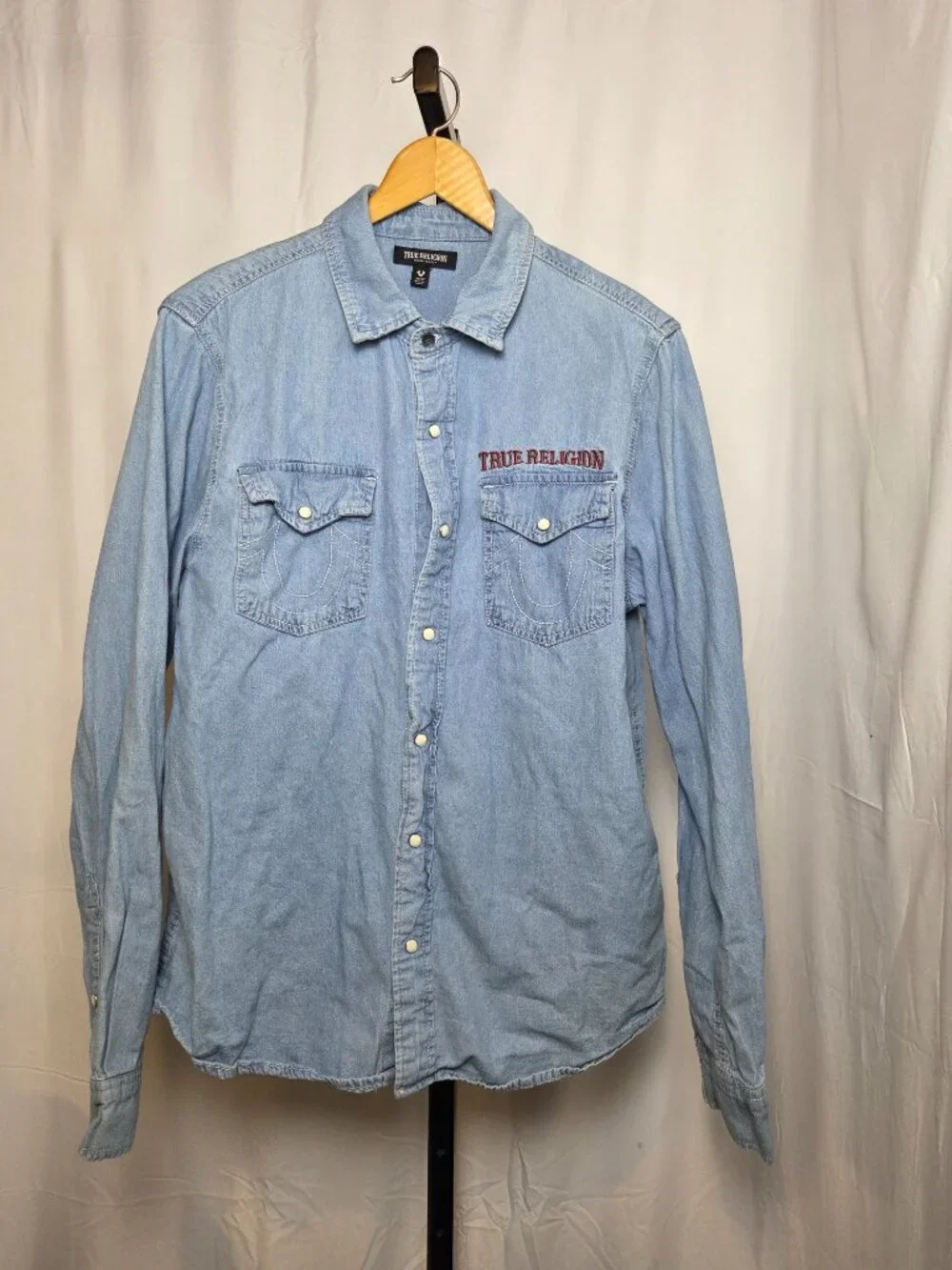 True Religion Mens Medium Blue Denim Western Shirt Pearl Snap Button Long Sleeve
